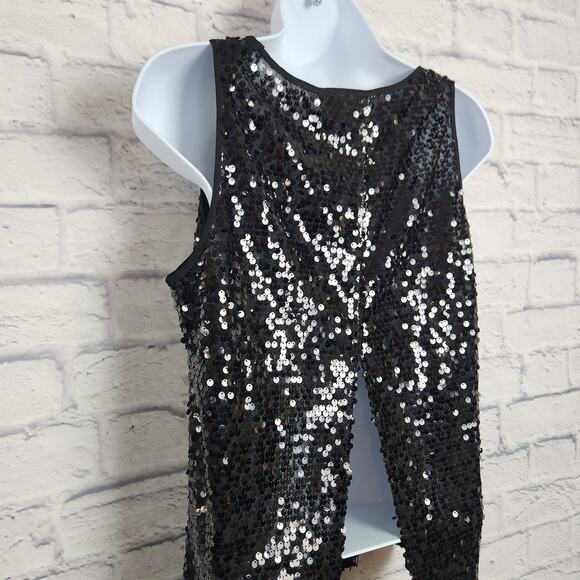 🌼Express Top Womens Size Small Split Back Tank Black Sequin - Picture 5 of 14